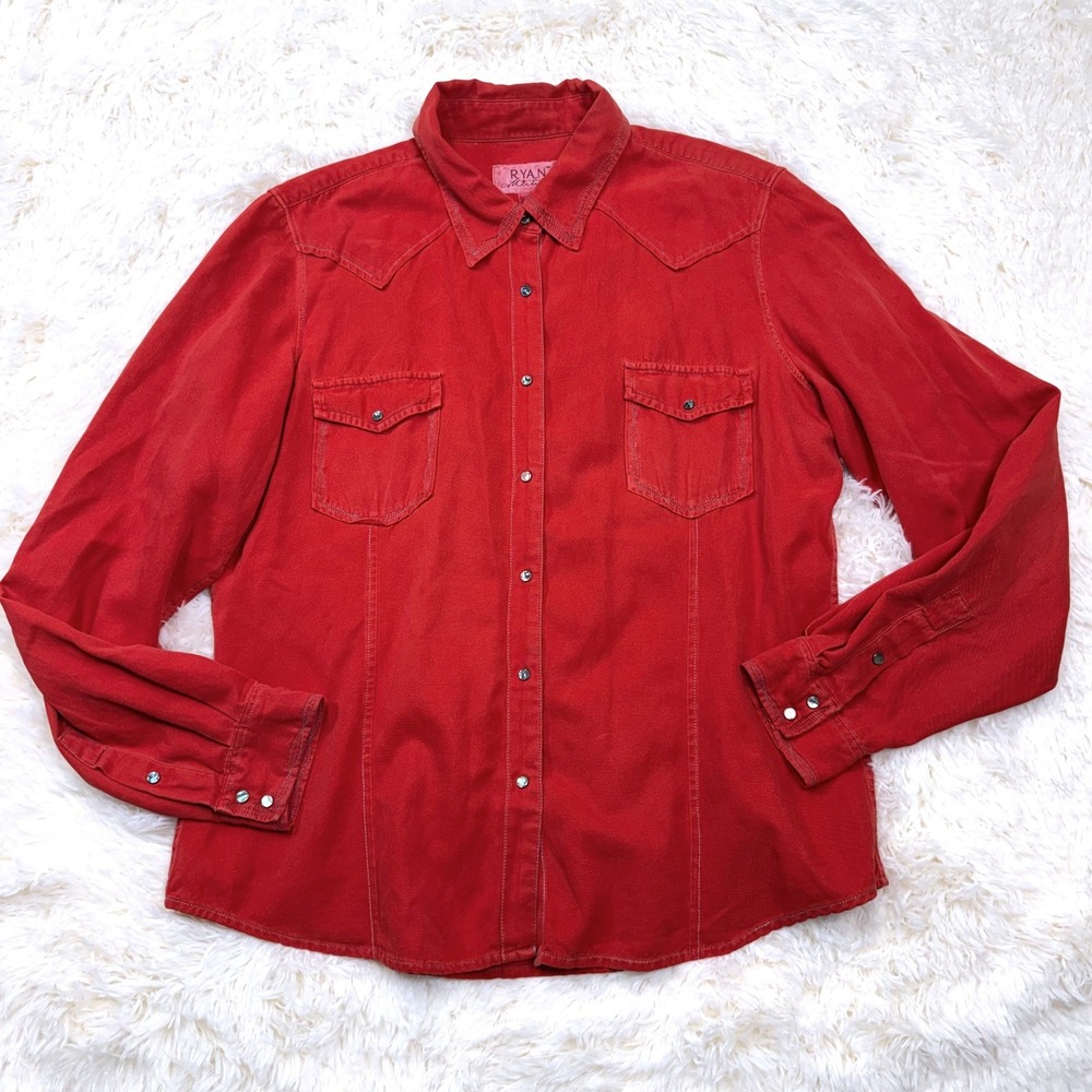 Ryan Michael Western Shirt Women L Red Silk Cotton Pearl Snap Cowgirl Rustic